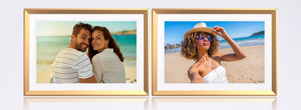 Ramka cyfrowa ARZOPA D10 10.1 cala Złoty prezentacja 2 ramek na szarym tle dotykowy ekran rozmiar wygoda pełna kontrola nad treściami