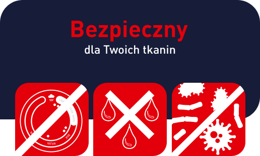 Grafika przedstawia trzy czerwone ikony z białymi symbolami, przekreślone białymi liniami. Nad ikonami znajduje się tekst: \'Bezpieczny dla Twoich tkanin\'.