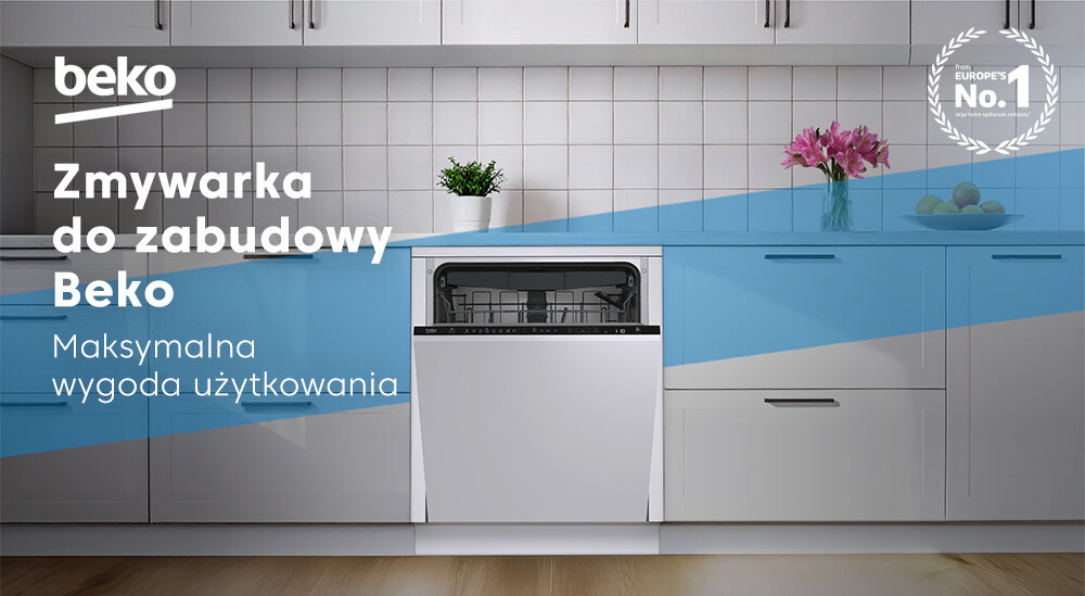 ZMYWARKA BEKO BDIN38644D lifestyle baner front zabudowa kuchnia tło logo marka BEKO dekoracje blat