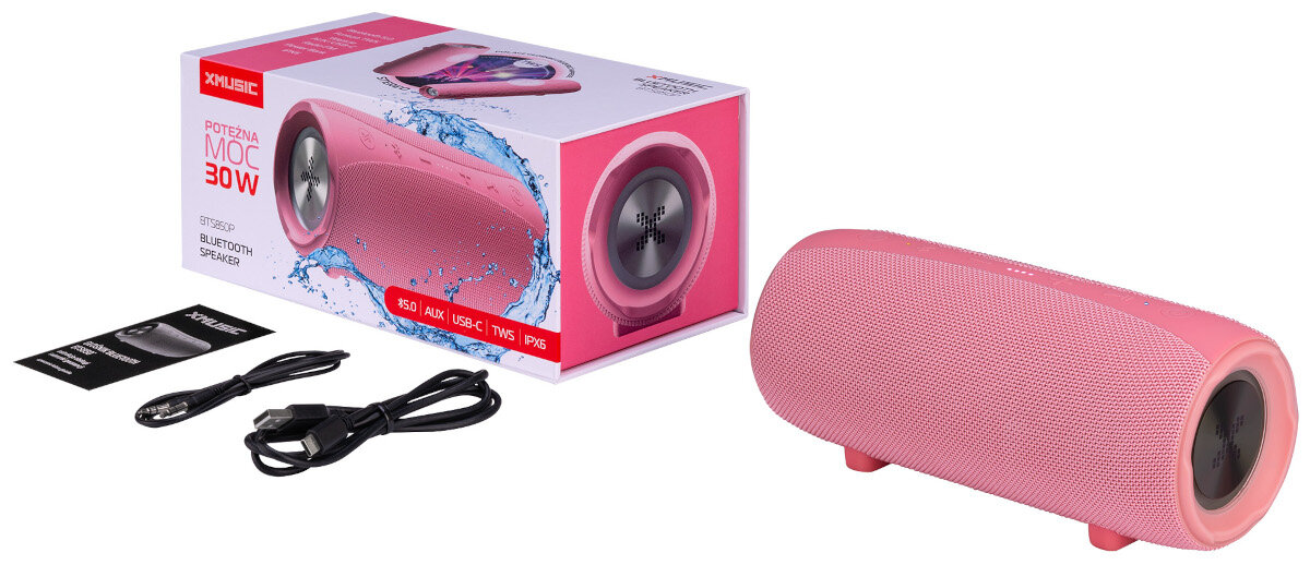 GŁOSNIK MOBILNY XMUSIC BTS850G BLUETOOTH rozowy zawartosc opakowania