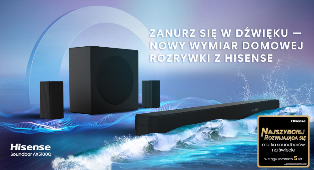 Soundbar HISENSE AX5100Q dźwięk przestrzenny 5.1 kino domowe jakość, soundbar z subwooferem stojące na fali wody po skosie