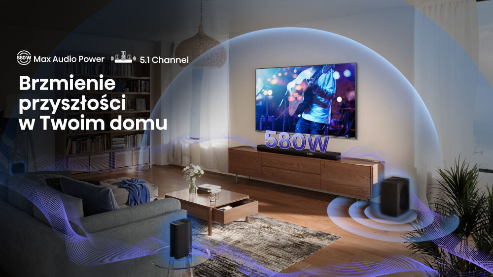Soundbar HISENSE AX5100Q dźwięk przestrzenny 5.1 subwoofer tylne głośniki, soundbar stojący na komodzie pod telewizorem w salonie, z którego wydobywa się dźwięk