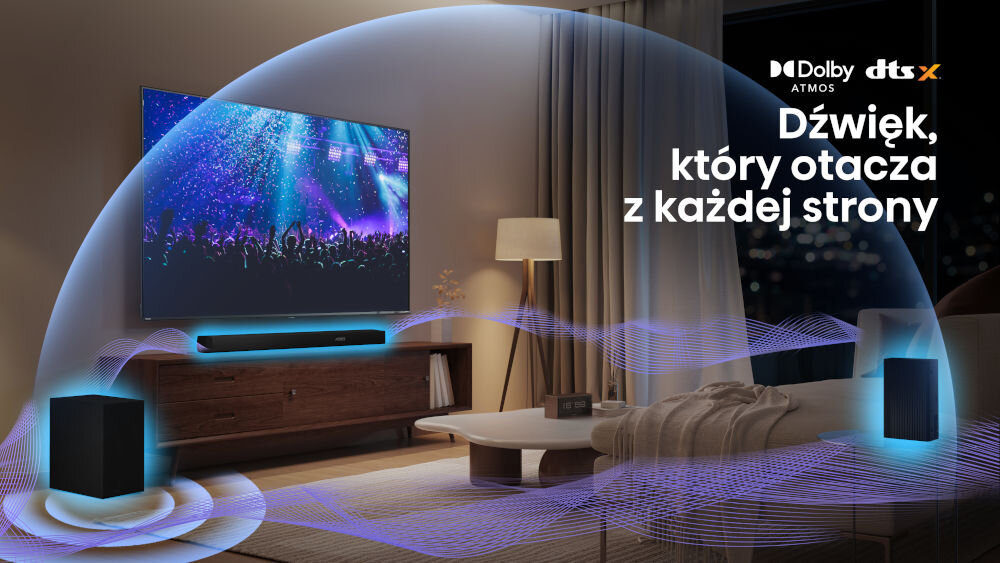Soundbar HISENSE AX5100Q DTS:X Dolby Atmos dźwięk przestrzenny, telewizor wiszący na ścianie, soundbar stojący na komodzie, głośniki porozstawiane po pomieszczeniu