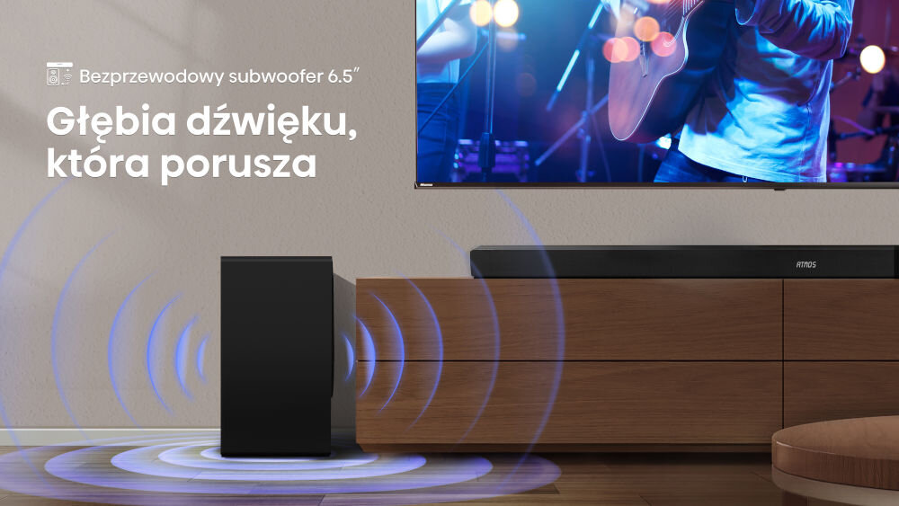 Soundbar HISENSE AX5100Q subwoofer 6,5 cala bezprzewodowy mocny bas, subwoofer stojący obok komody, soundbar stojący na komodzie pod telewizorem