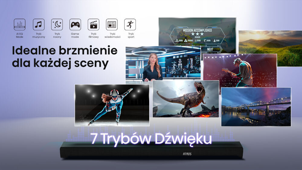 Soundbar HISENSE AX5100Q tryby EQ korektor dźwięku dopasowanie, soundbar od frontu, różne programy do których dopasowany jest tryb dźwięku