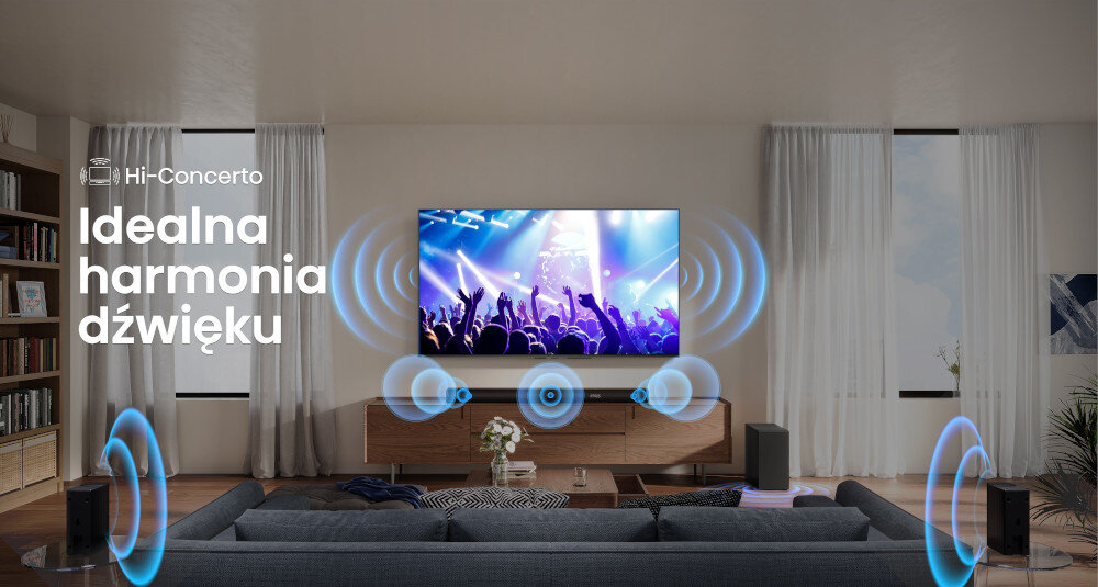 Soundbar HISENSE AX5100Q Hi-Concerto współpraca telewizor dźwięk przestrzenny, telewizor zawieszony na ścianie, soundbar stojący na komodzie, głosniki porozstawiane po pomieszczeniu z których wydobywa się dźwięk