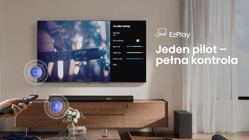 Soundbar HISENSE AX5100Q EzPlay sterowanie pilot telewizor,  ręka trzymająca pilot w ręku skierowany w kierunku telewizora oraz soundbara