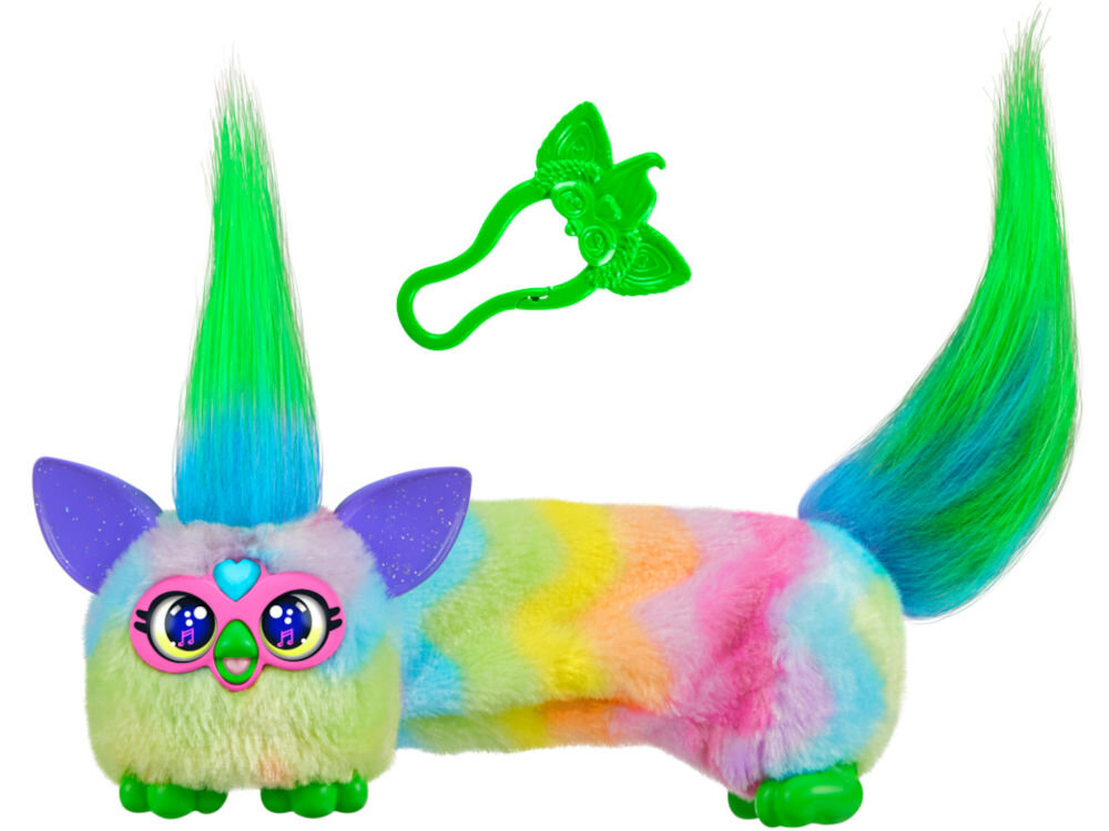 Maskotka HASBRO Furby DJ Furblets Can-Dee-Swirl G17825X0 Interaktywna maskotka Furby Furblets Can-dee-swirl w tęczowe pasy z zielonym klipsem do zawieszania na białym tle.