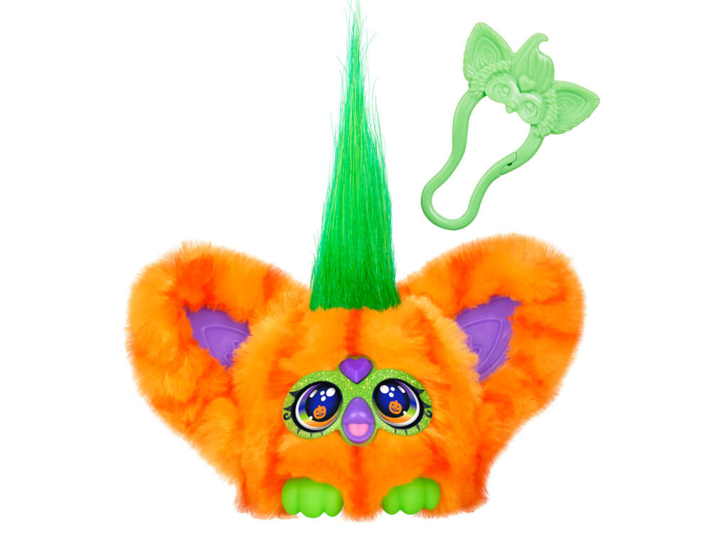 Maskotka HASBRO Furby Furbisie Boo-Kin G14355D0 Pomarańczowa maskotka Furby Furblets z zieloną czupryną i fioletowymi uszami na białym tle. Obok zabawki znajduje się zielony, plastikowy klips w kształcie głowy Furby, służący do zawieszania maskotki.