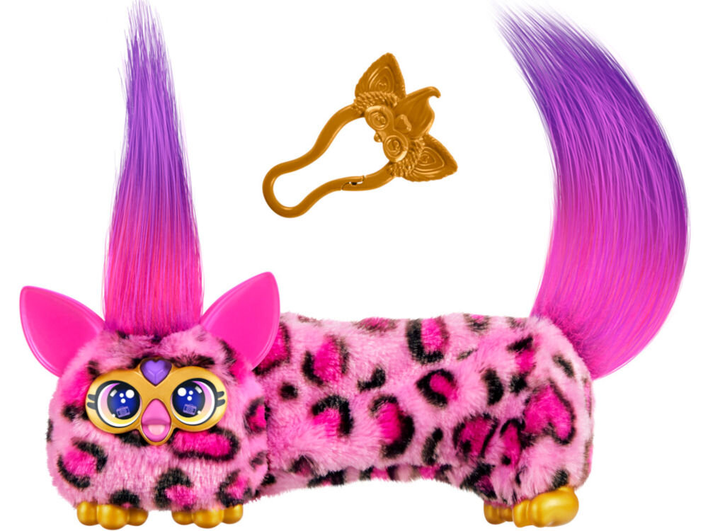 Maskotka HASBRO Furby DJ Furblets Kitt-Ee-Luv G17855X0 Interaktywna maskotka Furby Furblets Ray-Vee w różowe cętki z fioletowym ogonem oraz dopasowany kolorystycznie złoty brelok na białym tle.
