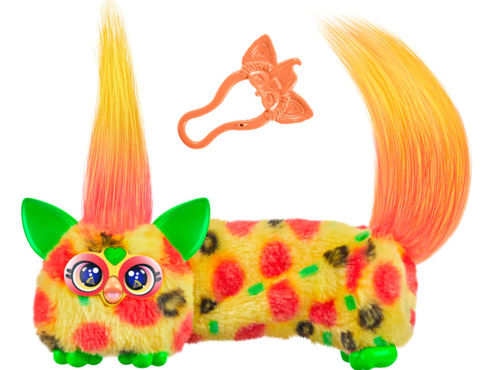 Maskotka HASBRO Furby DJ Furblets Pepp-Oh-Roni G17845X0 Interaktywna maskotka Furby Furblets Mello-Nee o wzorze przypominającym pizzę z zielonymi uszami i pomarańczowym ogonem oraz pasujący brelok.