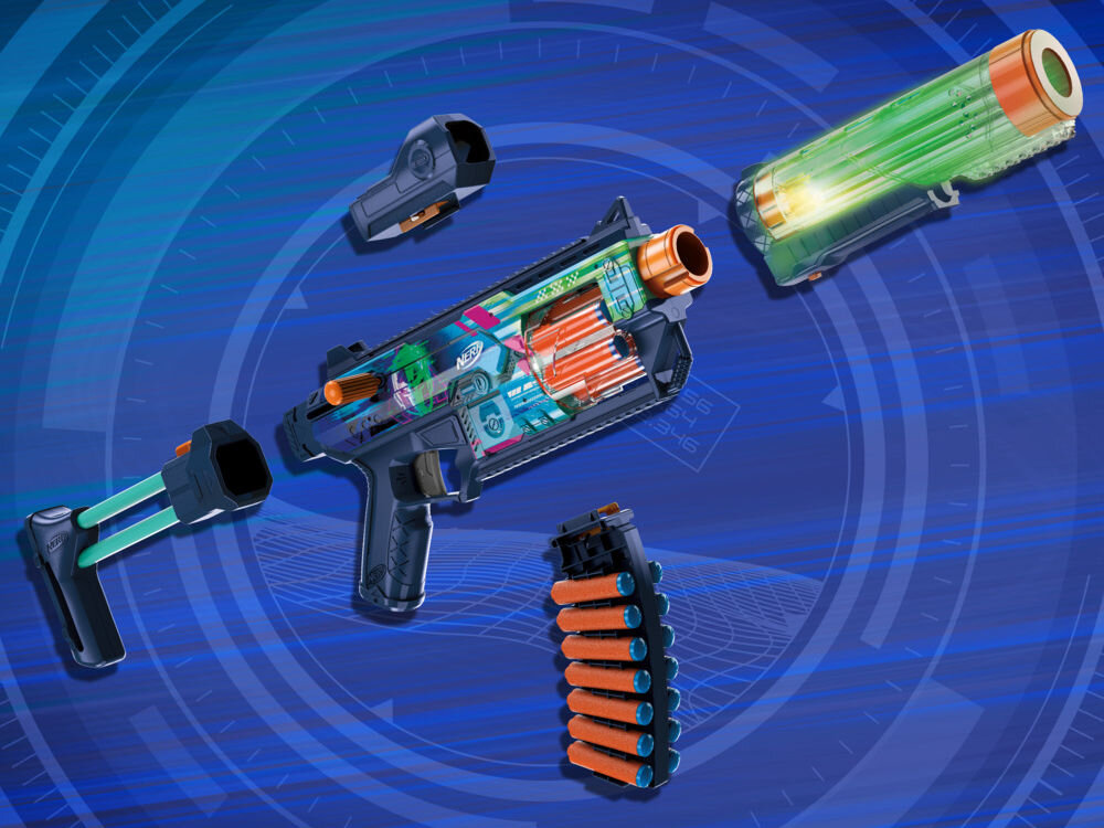 Wyrzutnia NERF Loadout Cyberlight Ghost G18244N0 akcesoria lufa celownik kolba pojemnik na strzałki kreatywna zabawa