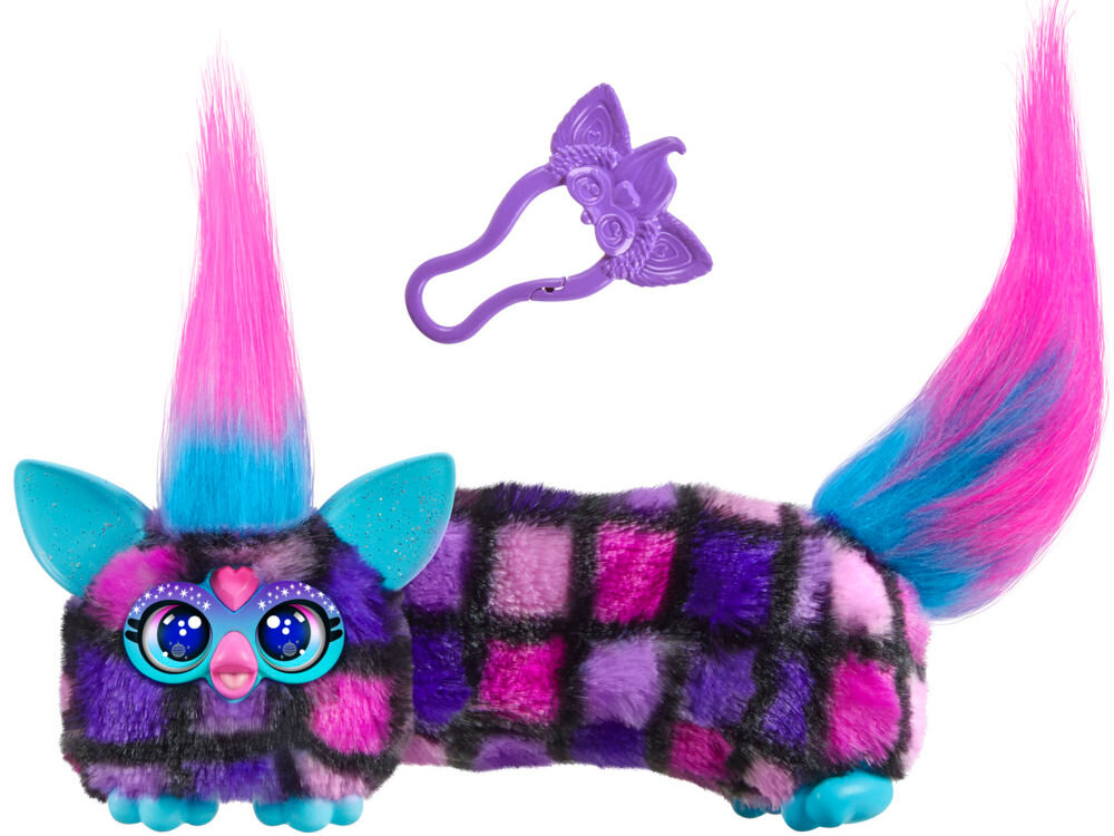 Maskotka HASBRO Furby DJ Furblets Dis-Co-Dazz G17805X0 Maskotka Furby Furblets Luv-Lee w fioletową kratkę z niebieskimi uszami i długim różowym ogonem oraz dołączony fioletowy brelok do zawieszenia.