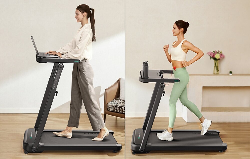 Bieżnia elektryczna UREVO Foldi 3S 560W 12km-h Porównanie dwóch trybów pracy: po lewej kobieta idąca i pracująca na laptopie, po prawej kobieta w stroju sportowym podczas szybkiego biegu inteligentna bieżnia trening w domu 