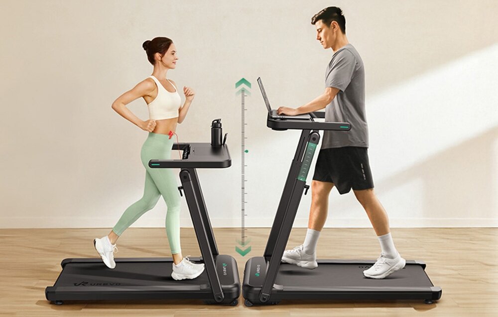 Bieżnia elektryczna UREVO Foldi 3S 560W 12km-h Grafika prezentująca regulację wysokości kolumny bieżni, dostosowaną do niskiego trybu biegowego oraz wysokiego trybu pracy przy biurku funkcja sprzętu fitness wygodne stanowisko do pracy zajmuje niewiele miejsca solidna rama i ergonomiczna konstrukcja łączność z aplikacją UREVO SmartCoach