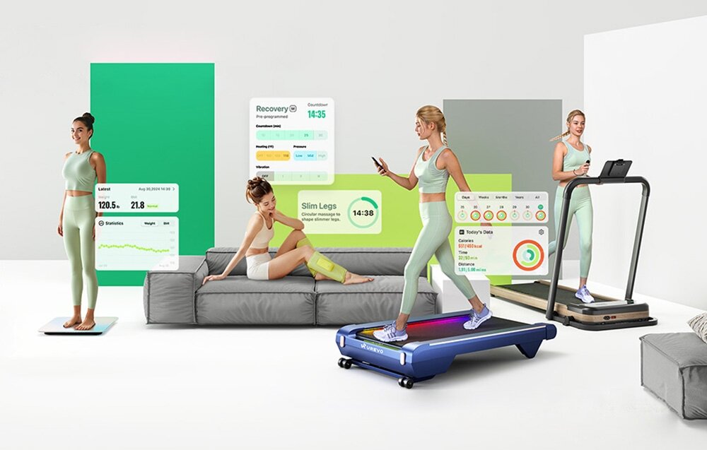 Bieżnia elektryczna UREVO Foldi 3S 560W 12km-h Kolaż prezentujący ekosystem urządzeń fitness: inteligentną wagę, masażer nóg oraz bieżnię zintegrowaną z aplikacją mobilną do śledzenia zdrowia aplikacja UREVO SmartCoach kompleksowe wsparcie w dbaniu o formę