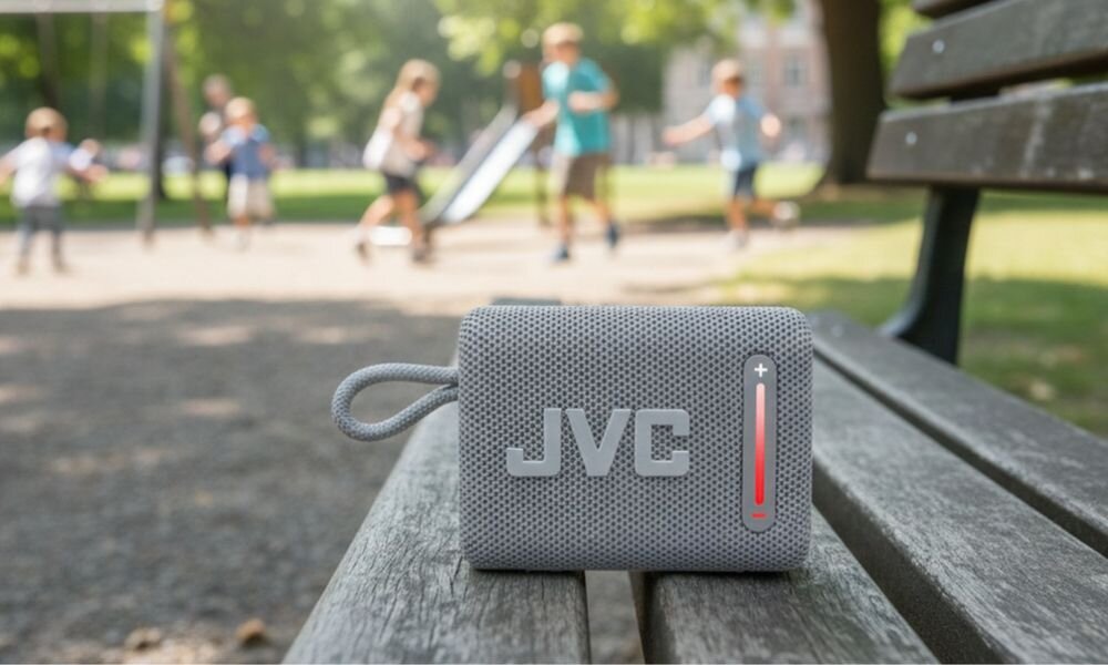Głośnik mobilny JVC XS-E114G Bluetooth 5.3 bezprzewodowe słuchanie LED mobilność, głośnik stojący na ławce w parku