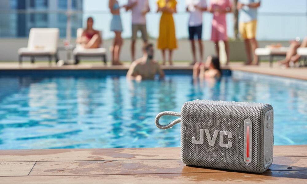 Głośnik mobilny JVC XS-E114G IPX6 kompaktowy przyciski sterujące LED, głośnik stojący na drewnianej powierzchni przy basenie