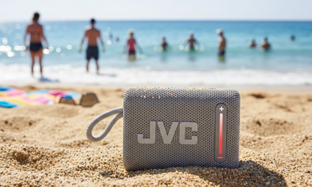 Głośnik mobilny JVC XS-E114G akumulator 2000 mAh ładowanie USB-C kabel instrukcja, głośnik stojący na piasku obok akwenu wodnego