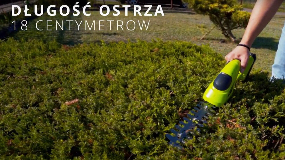 Nożyce do żywopłotu - trawy GREENSO UAO011 20V akumulatorowe funkcjonalne urzadzenie wysokiej jakosci precyzyjnie oszlifowane ostrze do ciecia krzewow dlugosc 18 cm