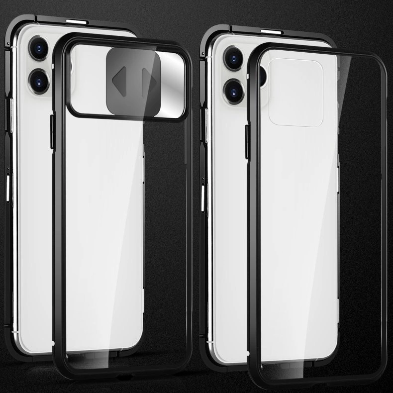 Obraz przedstawia dwa przezroczyste etui na telefon z czarnymi ramkami, jedno z nich ma przesuwaną osłonę na aparat. Etui są pokazane na tle ciemnej powierzchni.
