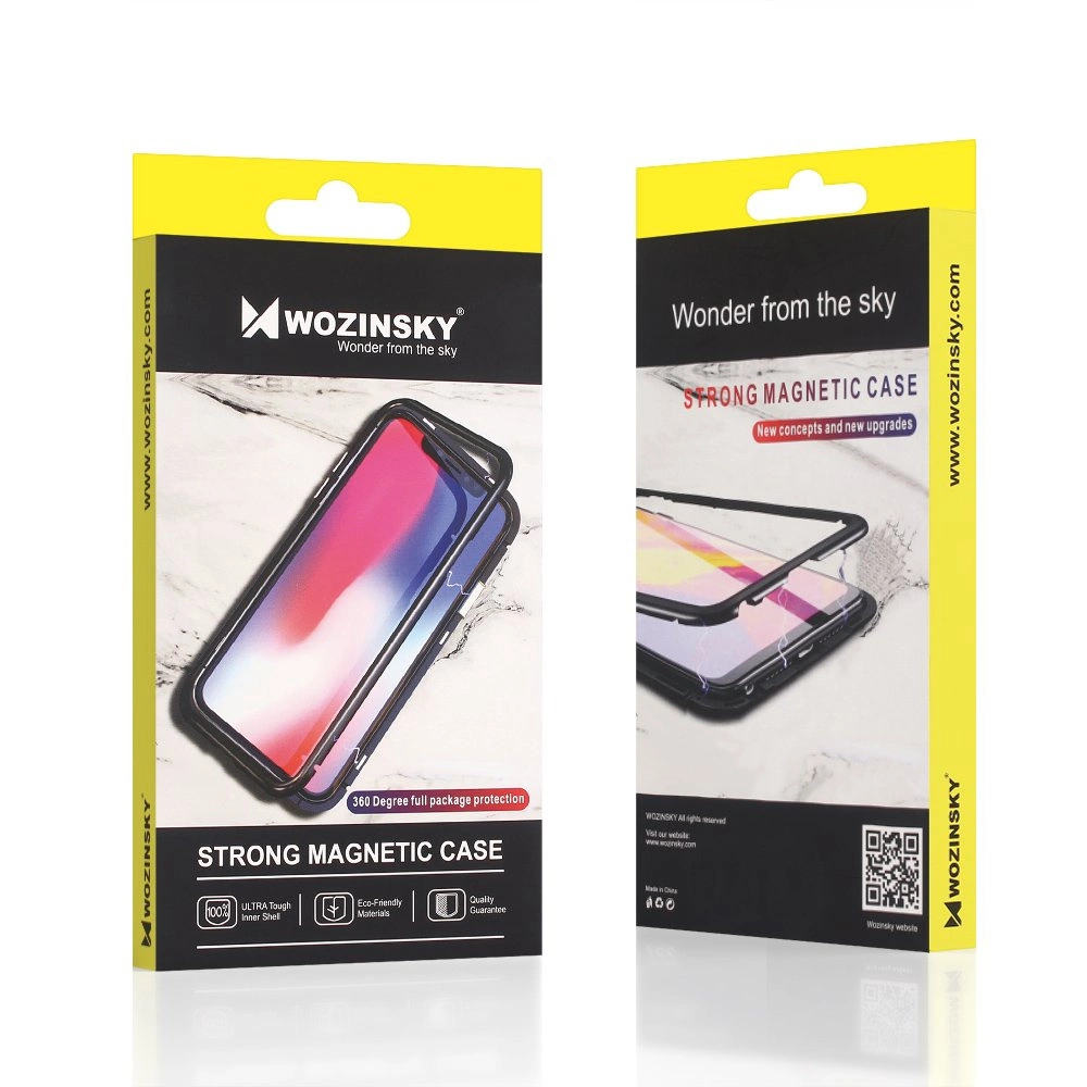 Opakowanie produktu Wozinsky z napisem \'STRONG MAGNETIC CASE\' oraz zdjęciem telefonu w etui. Na opakowaniu widoczne są także ikony symbolizujące wytrzymałość, ekologiczne materiały i gwarancję jakości.