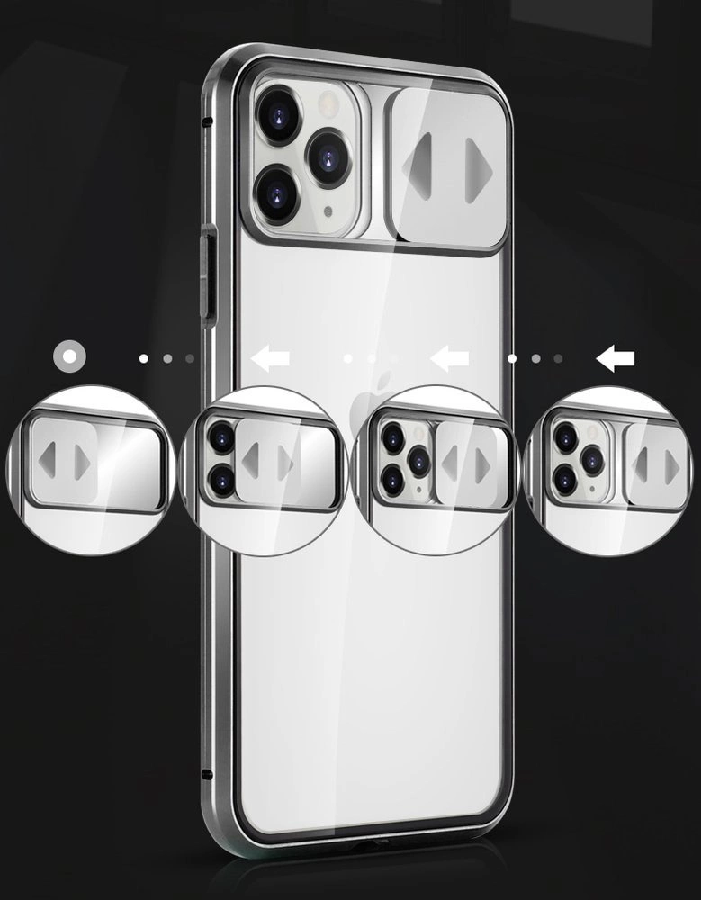Obraz przedstawia przezroczyste etui na telefon z przesuwanym elementem osłaniającym aparat. Etui ma metaliczne wykończenie i jest pokazane w kilku ujęciach z różnymi pozycjami osłony aparatu.