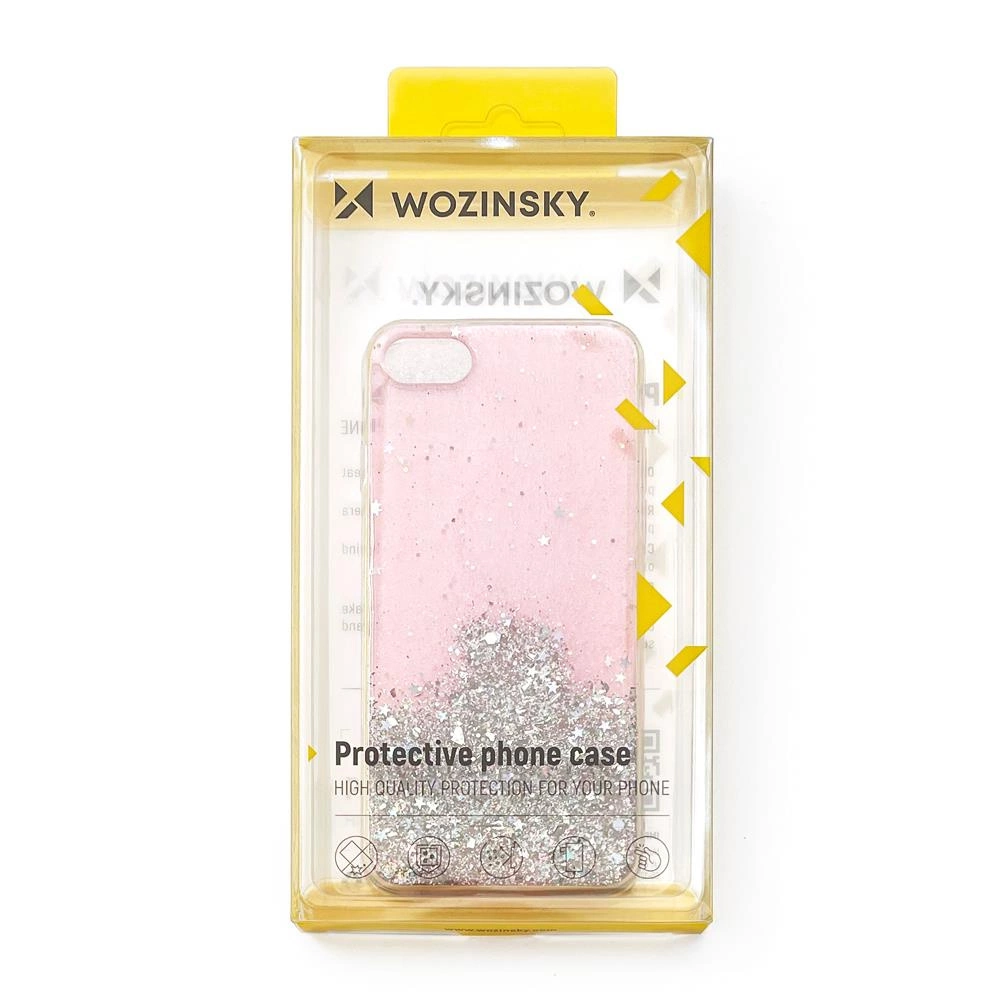 Różowe etui na telefon z brokatem i gwiazdkami, zapakowane w przezroczyste opakowanie z logo \'WOZINSKY\'. Na opakowaniu widoczny jest napis \'Protective phone case\'.