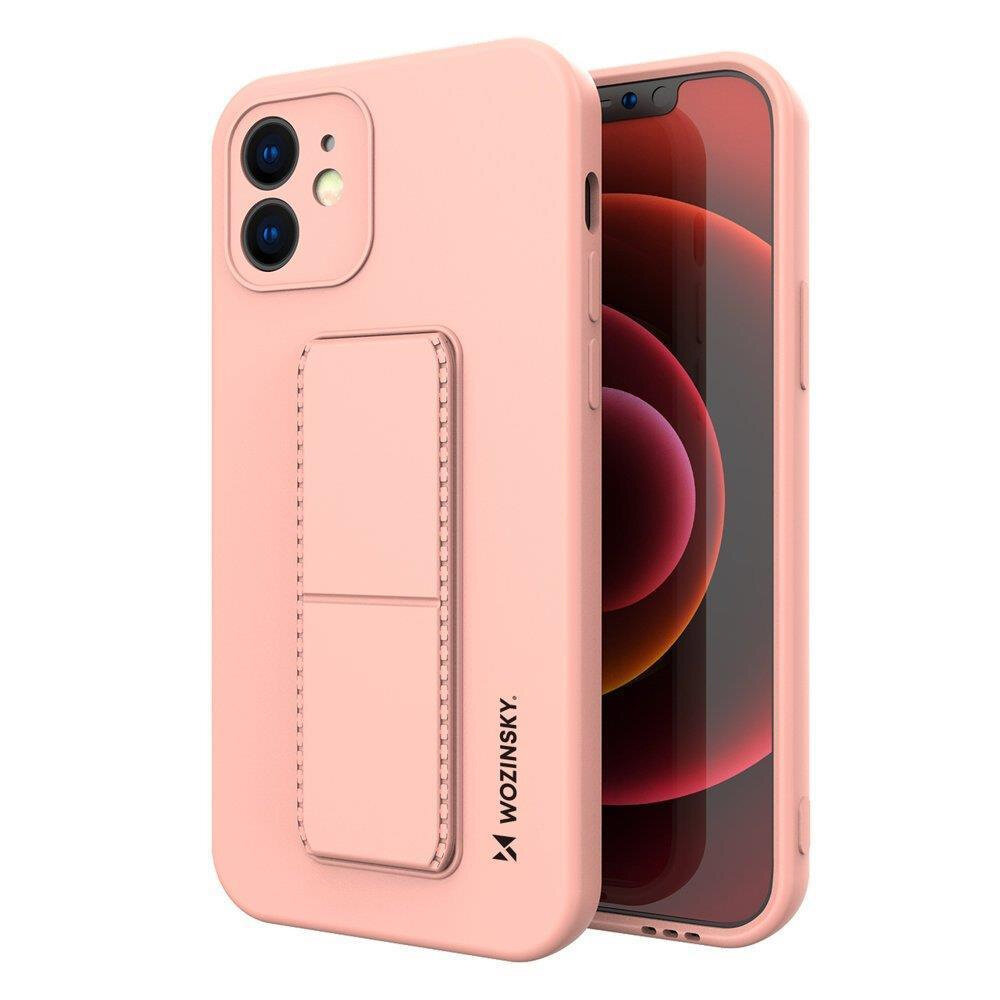 Różowe silikonowe etui na telefon z podstawką, z widocznym logo \'WOZINSKY\'. Etui jest przeznaczone dla iPhone Xs Max.