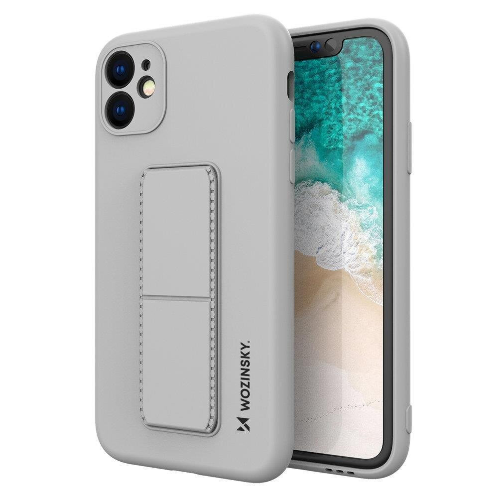 Silikonowe etui z podstawką w kolorze szarym, z widocznym logo \'WOZINSKY\' na boku, przeznaczone dla telefonu Samsung Galaxy A22 5G.