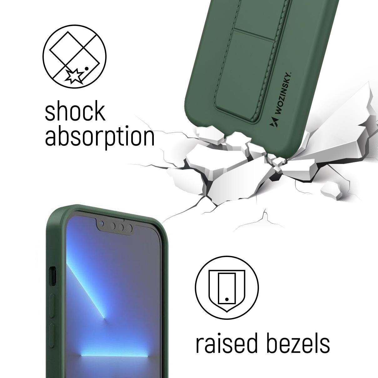Obraz przedstawia zielone etui na telefon z funkcją podstawki, z logo \'WOZINSKY\'. Obok widoczne są napisy \'shock absorption\' i \'raised bezels\' oraz grafika symbolizująca amortyzację wstrząsów.