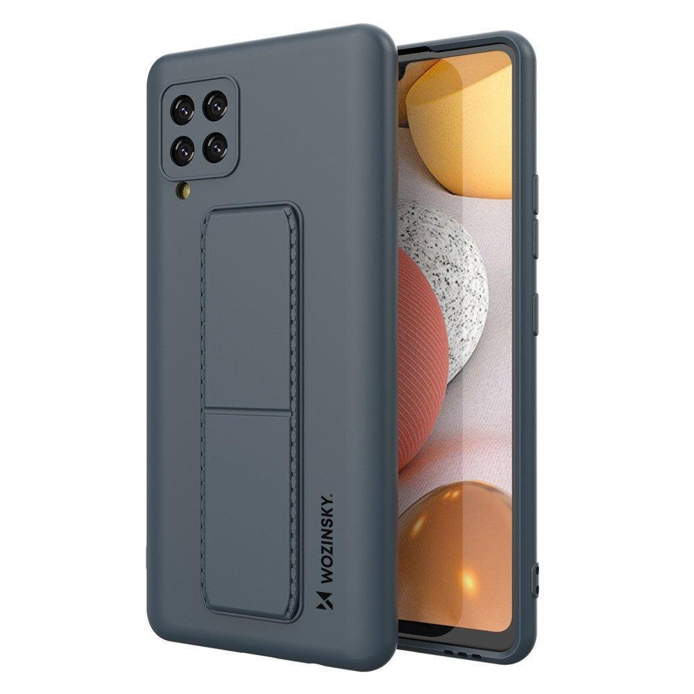 Na obrazie widoczne jest granatowe etui na telefon z podstawką, z logo \'Wozinsky\'. Etui jest założone na telefon, którego ekran wyświetla kolorowe tło.