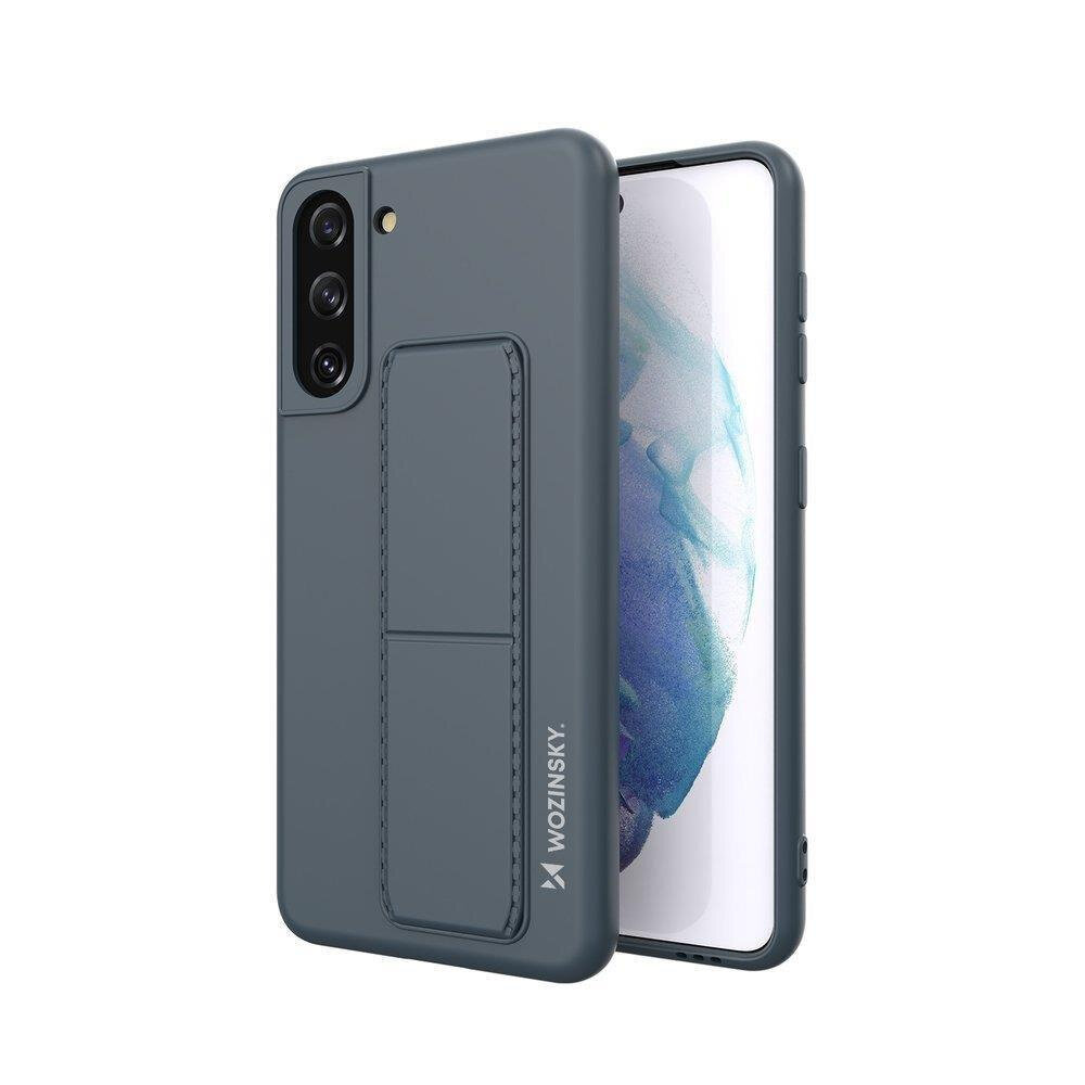 Granatowe silikonowe etui z podstawką na telefon, z widocznym logo \'WOZINSKY\'. Etui jest dopasowane do modelu Samsung Galaxy S21+ 5G i posiada wycięcia na aparat oraz przyciski.