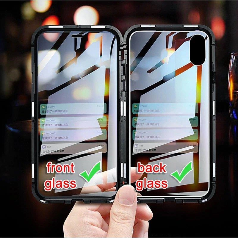 Obraz przedstawia przezroczyste etui na telefon z wbudowanym szkłem, trzymane w dłoni. Na etui widoczne są napisy \'front glass\' i \'back glass\' z zielonymi znaczkami potwierdzenia.