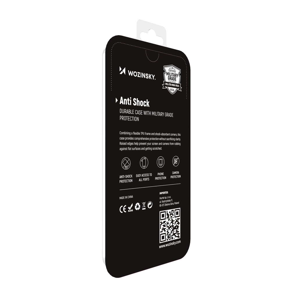 Opakowanie produktu Wozinsky Anti Shock z napisem \'Durable Case with Military Grade Protection\'. Widoczne są ikony oznaczające ochronę przed wstrząsami, łatwy dostęp do portów, ochronę telefonu i kamery oraz kod QR.