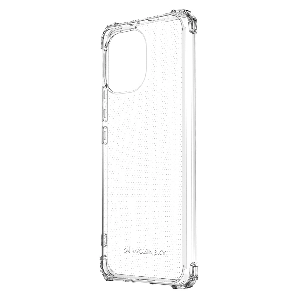 Przezroczyste etui ochronne z wzmocnionymi narożnikami, posiada logo \'Wozinsky\' na dole. Etui ma wycięcie na aparat i przyciski boczne.