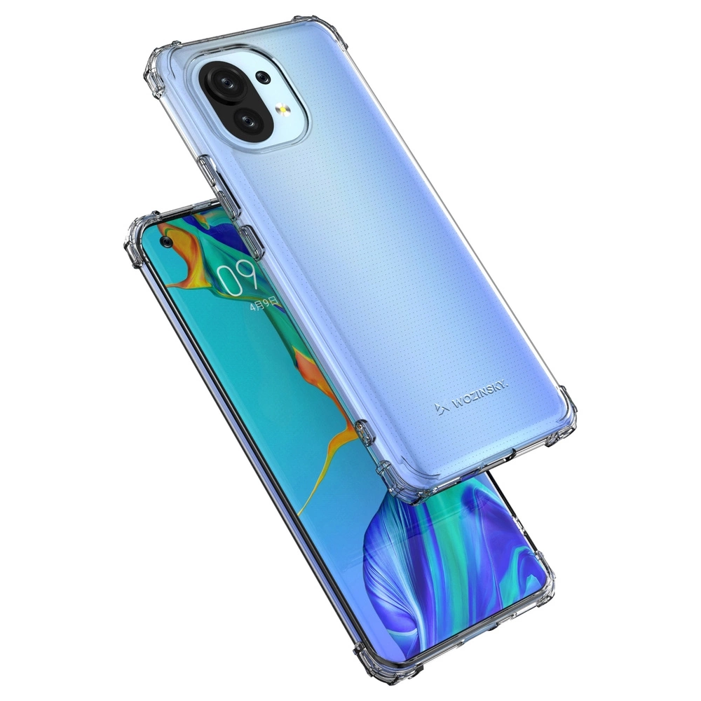 Przezroczyste etui ochronne na smartfon z widocznym logo \'WOZINSKY\'. Etui jest zamontowane na telefonie z kolorowym wyświetlaczem.