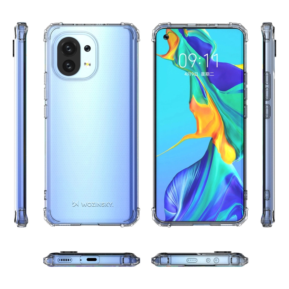 Przezroczyste etui ochronne na telefon z widocznym logo \'Wozinsky\', prezentowane z różnych perspektyw. Telefon w etui wyświetla kolorowy ekran z godziną 09:11 i datą 4月9日 星期二.