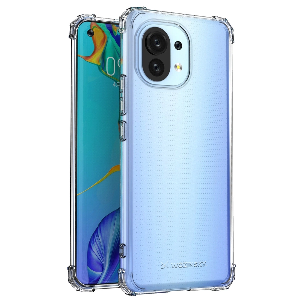 Przezroczyste etui ochronne na smartfon z widocznym logo \'Wozinsky\'. Etui jest zamontowane na telefonie z wyświetlaczem pokazującym kolorowy ekran.