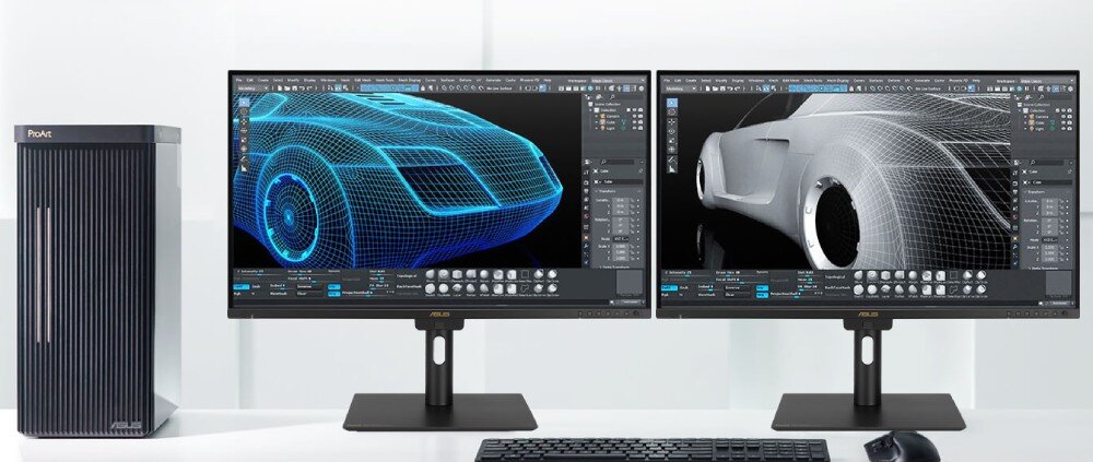 Na obrazie znajdują się dwa monitory ASUS z wyświetlonymi modelami 3D samochodów oraz komputer stacjonarny z logo ProArt. Przed monitorami widoczna jest klawiatura i myszka.