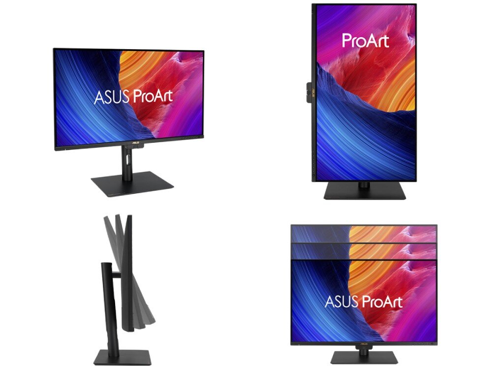 Obraz przedstawia monitor ASUS ProArt z kolorowym ekranem, na którym widnieje napis \'ASUS ProArt\'. Monitor jest pokazany w różnych pozycjach, w tym pionowej i poziomej, z widocznym zakresem regulacji kąta nachylenia.