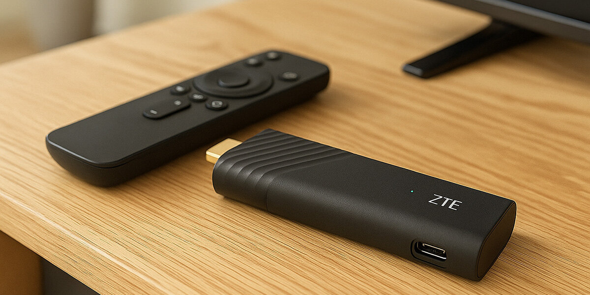 Odtwarzacz multimedialny 4K ZTE B866W11K Google TV 12 aplikacje streamingowe, stick wraz z pilotem leżące na blacie