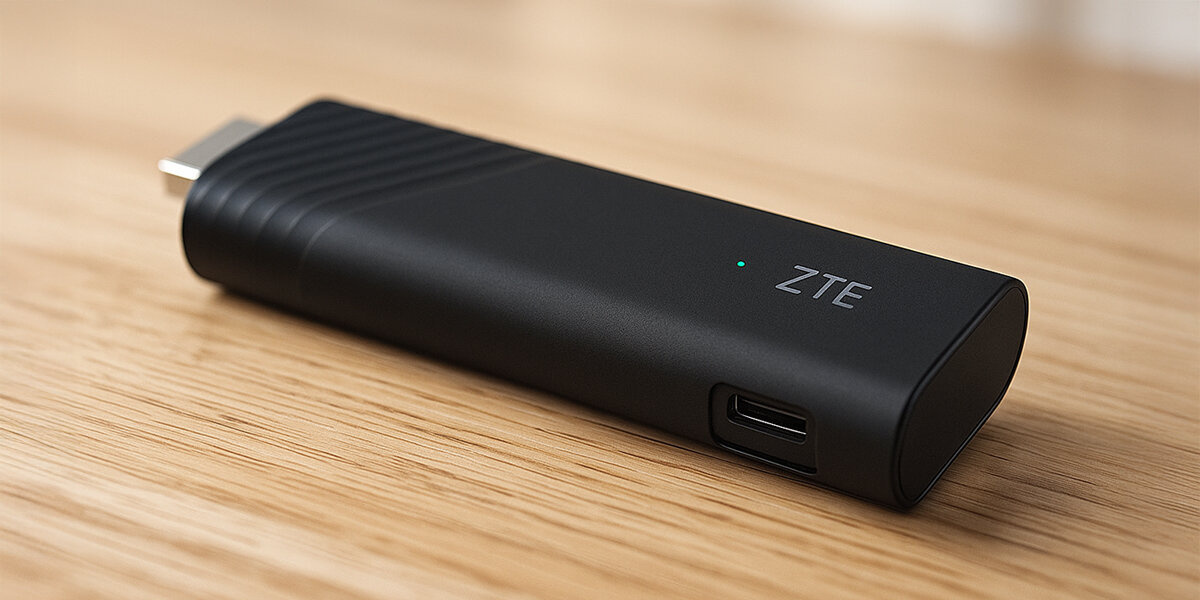 Odtwarzacz multimedialny 4K ZTE B866W11K Dolby Vision Dolby Atmos jakość obrazu, stick leżący na blacie