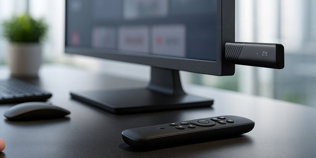 Odtwarzacz multimedialny 4K ZTE B866W11K 32GB pamięci 2GB RAM wydajność, stick wpięty w monitor, pilot leżący na blacie