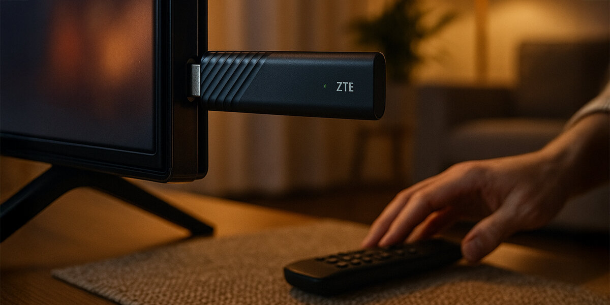 Odtwarzacz multimedialny 4K ZTE B866W11K HDMI 2.1 Wi-Fi Bluetooth złącza, stick wpięty w telewizor, pilot leżący na blacie