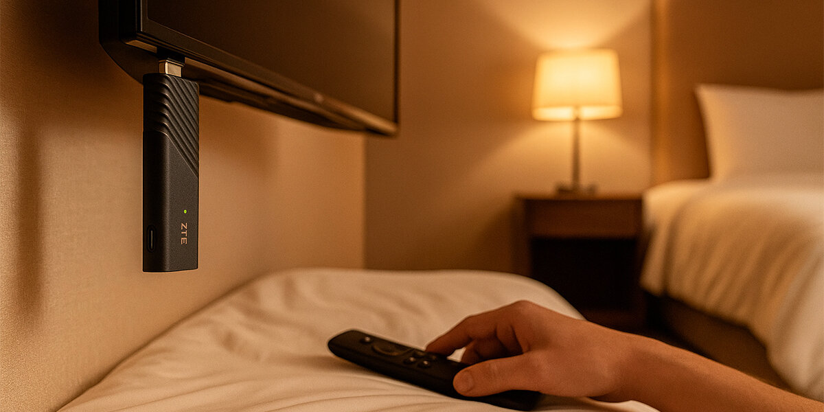 Odtwarzacz multimedialny 4K ZTE B866W11K kompaktowe wymiary lekka konstrukcja, stick wpięty w wiszący telewizor, osoba leżąca w łóżku z pilotem w ręku