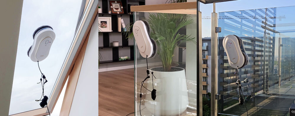 Robot do mycia okien COBBO E6 Slim białe urządzenia na oknie dachowym balustradzie barierkach mycie okien innych płaskich powierzchni kabiny prysznicowe balustrady smukła konstrukcja do trudno dostępnych miejsc dokładne czyszczenie bez smug czystość w całym domu