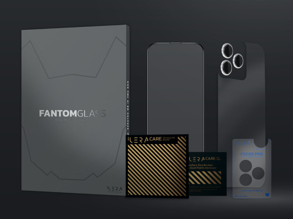 Szkło hartowane ILERA Fantom do Apple iPhone 16 Pro Max + szkło hartowane na plecki zdjęcie białe tło a na nim obrys szkła z uwydatnienie w powiększeniu wycięć na głośnik