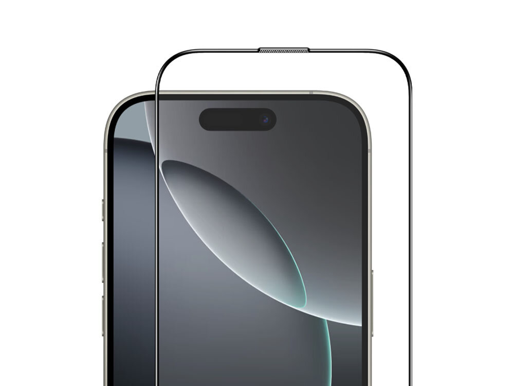 Szkło hartowane ILERA Fantom do Apple iPhone 16 Pro Max + szkło hartowane na plecki zdjęcie telefon w ręcę i szkło ochronne na czarnym tle