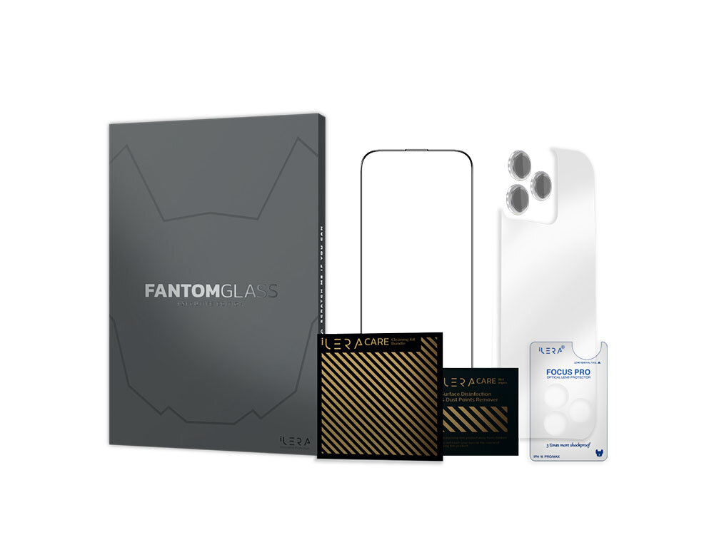 Szkło hartowane ILERA Fantom do Apple iPhone 16 Pro Max + szkło hartowane na plecki zdjęcie telefony i szkła ochronne plus klucze na czarnym tle